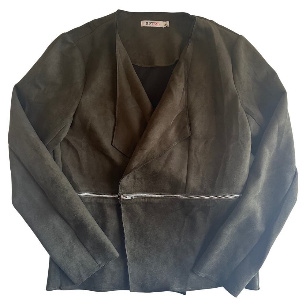 Justfab Women's Brown Faux Suede Open Front‎ Zipper Detail Jacket Size Large L